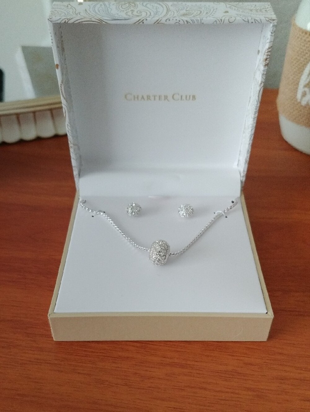Charter Club Silver Pave Crystal Pendant Necklace and Stud Earrings